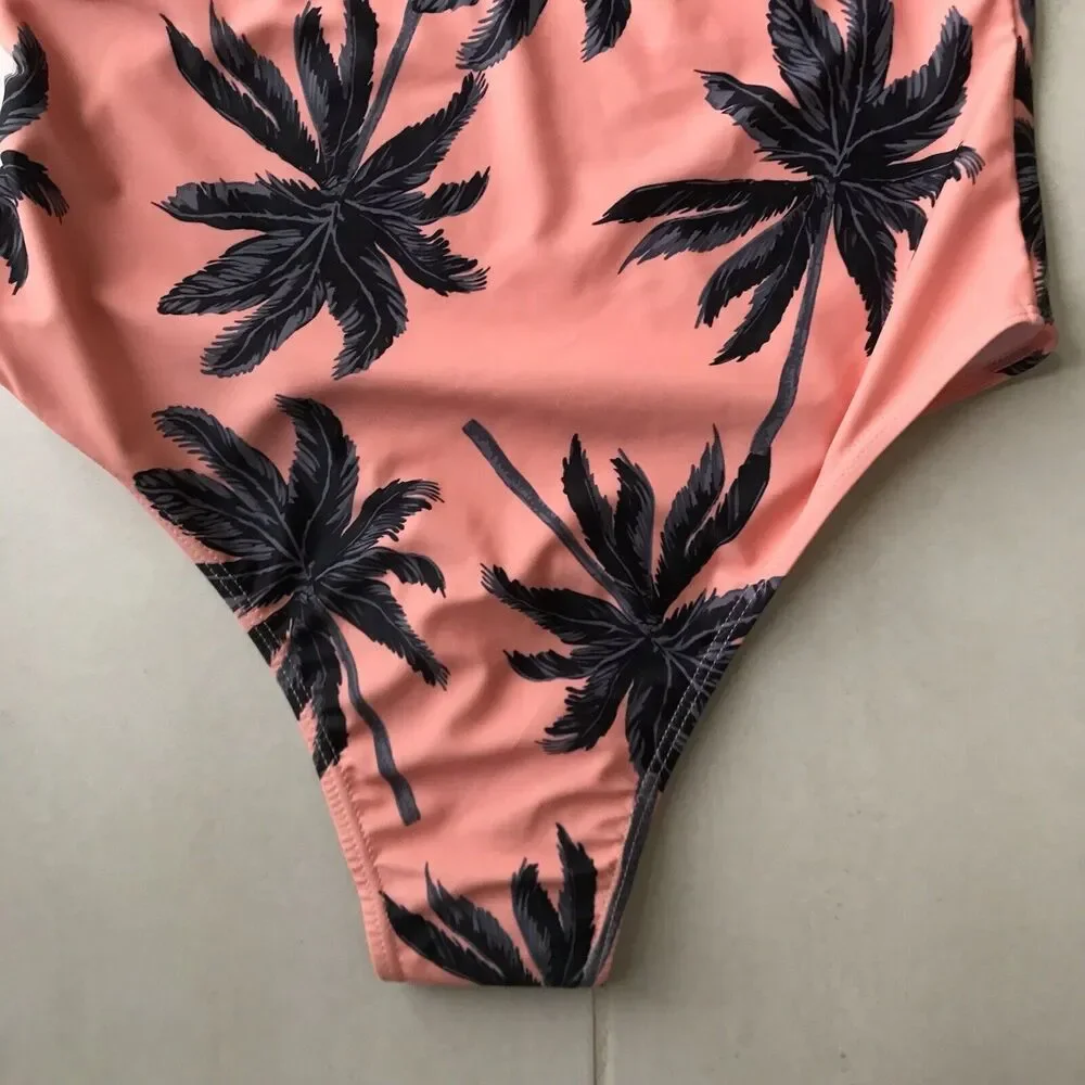 Shein One Piece Swimsuit Tropical Print Plunge Halter Neck Swimwear